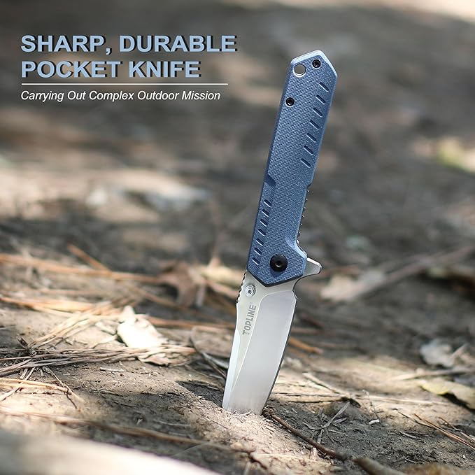 TOPLINE Folding Pocket Knife with G10 Handle, 14C28N Steel Blade Camping Folding Knife, Liner Lock, Portable Pocket Knife for Men, Women, Outdoor Users, Lightweight EDC Knife for Hunting, Survival, Blue