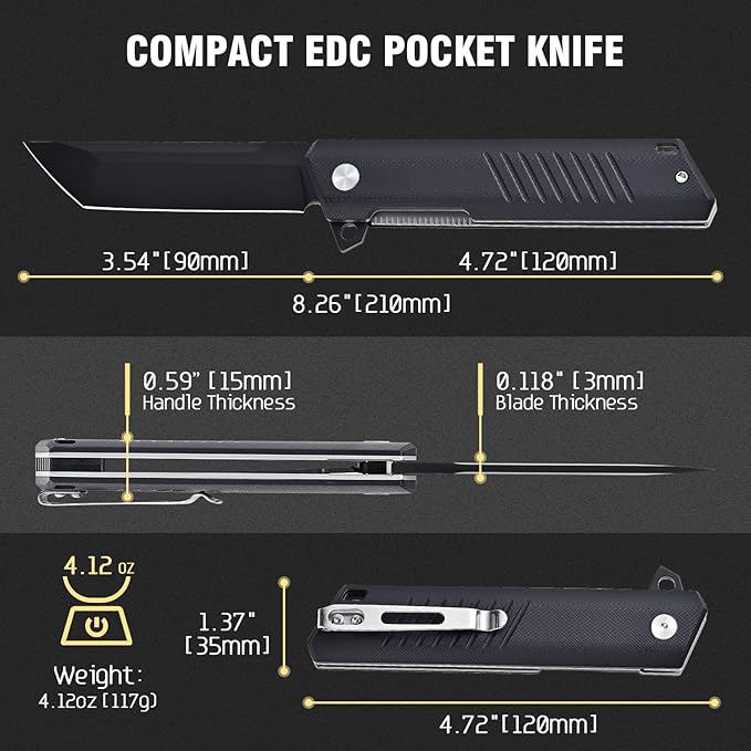 Folding Pocket Knife with D2 Steel Blade, G10 Handle, Black, EDC Knife, Pocket Clip for Camping