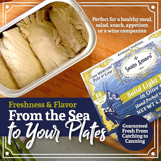 Santo Amaro - Artisanal Wild Tuna Fillets in Virgin Olive Oil, Hand-Packed Canned Tuna from Portugal, Atlantic Natural Tuna, Pole & Line Skipjack Tuna Canned, Low Mercury, 22g Protein Keto, Pack of 6