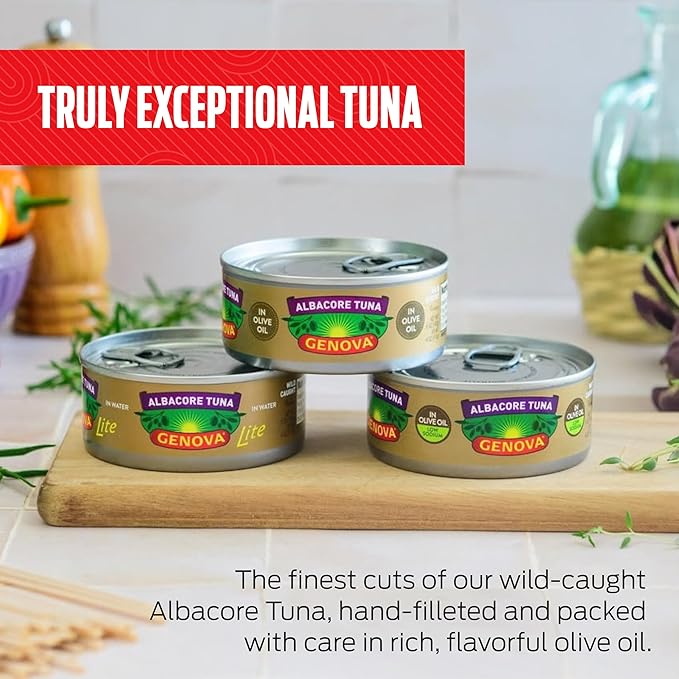 Genova Premium Albacore Tuna in Olive Oil, 5 Ounce Cans (Pack of 12), Low Sodium, Wild Caught Canned Tuna, Solid White
