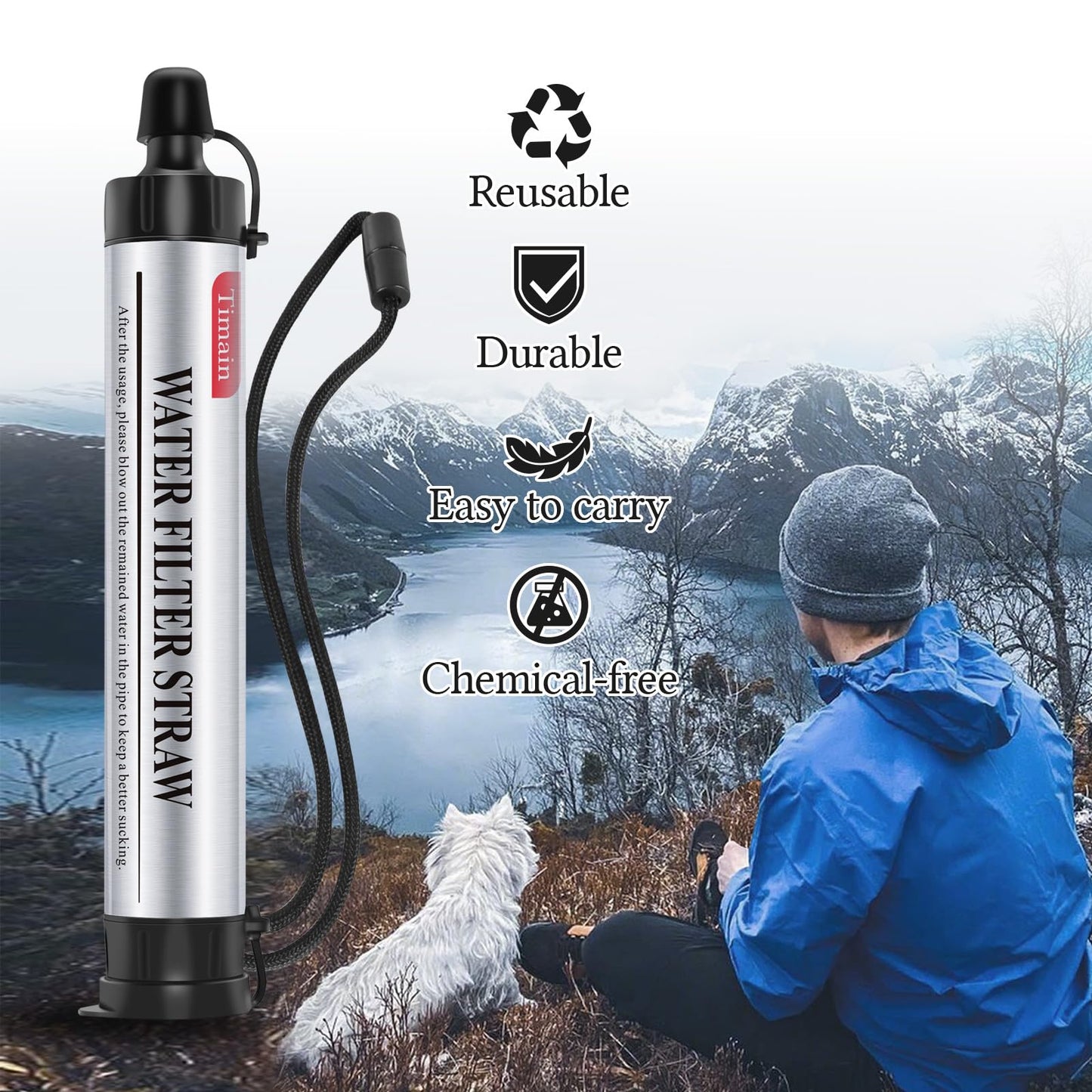 Timain 2 Pack 4-Stage Filtration, High Flow Rate Water Filter Straw, Water Purifier Survival for