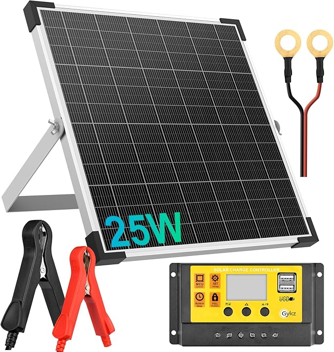 25W 12V Solar Panel Kit, Stability Performance Monocrystalline Solar Battery Maintainer Solar Trickle Charger with Intelligent Controller & Adjustable Mount Bracket, for Car Boat Marine RV Trailer