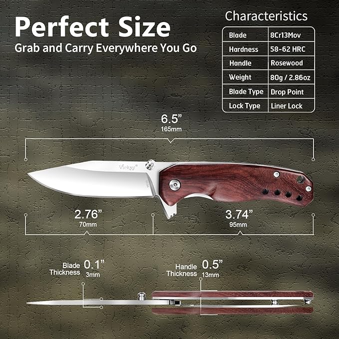 Vickay Pocket Knife for Men, Folding Knife for Women with Clip, 2.9inch 8Cr13MoV Steel Blade, Wood Handle EDC Knife for Camping, Tactical, Hunting, Camping, Hiking and Everyday Carry