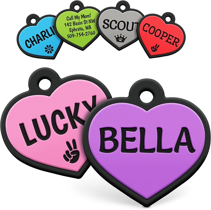 GoTags Silicone Dog Tags, Soundless Pet Tag, Personalized Silent Tag Engraved for Pets with Cute Custom Designs, for Dogs and Cats, (Heart, Purple)