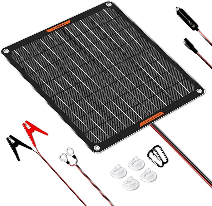 Solar Battery Charger 10W 12V Solar Trickle Car Battery Maintainer Portable Waterproof Power Charger for Car Boat Automotive RV with Alligator Clip
