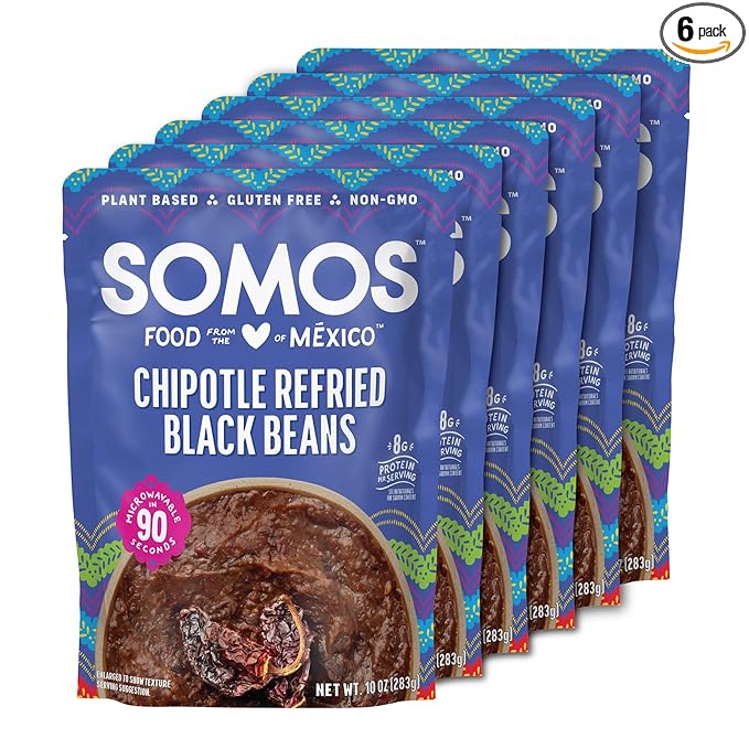 SOMOS Chipotle Refried Black Beans - Gluten Free, Non-GMO, Vegan & Microwavable Meals Ready to Eat - Delicious, Healthy & Convenient - Perfect for Burrito Bowls, Tostadas & More | 10 oz (Pack of 6)