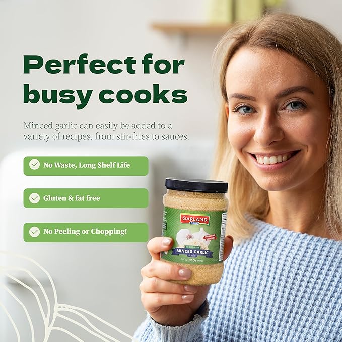 Garland Food Minced Garlic in Water 32 oz ??Made in the USA - Minced Garlic in Jar for Fresh Flavor, Time-Saving Prep, and Versatile Uses in Every Dish