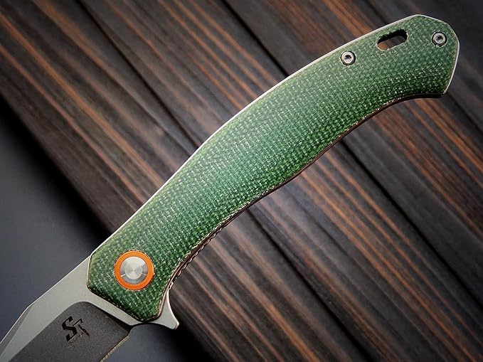 Sitivien ST112 Folding Knife, D2 Blade and Micarta Handle EDC Tool Knife with Pocket Clip for Outdoor Camping Hiking Survival(Army green)