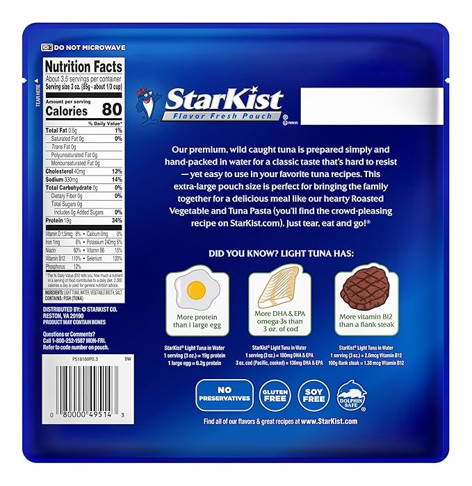 StarKist Chunk Light Tuna in Water, 11 oz Pouch (1 Pack) Ready to Eat Wild Caught Tuna, 19g Protein Per Serving, 80 Calories Per Serving, Gluten Free, Soy Free, Kosher, Perfect for Meals and Snacks