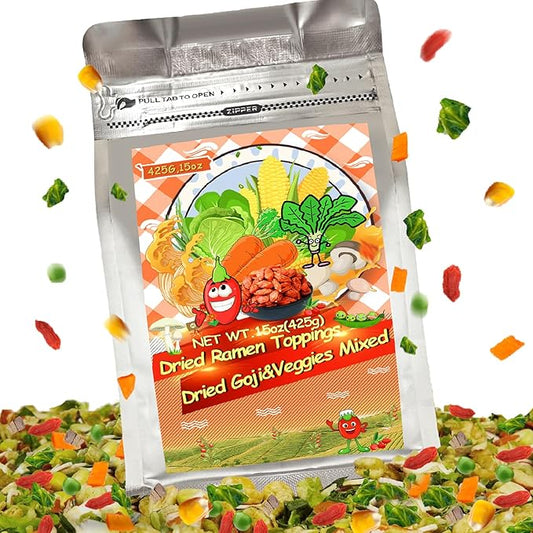 15Oz Freeze Dried Ramen Toppings Goji Vegetable Mix- 9 All Natural Dehydrated Veggies with Goji Berries, Non Additive, Dry Vegetable Mixed for Noodles, Soups, Camping, and Emergency Food