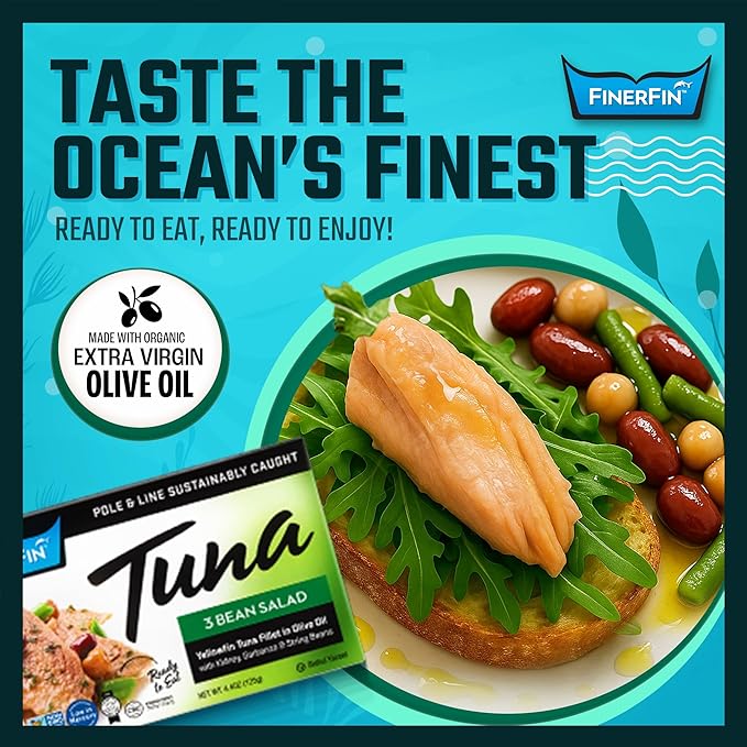 FinerFin Yellowfin Tuna In Organic Olive Oil ??3 Bean Salad Flavor (4.4oz can - 6 Pack); Premium Canned Fish with EVOO, Gourmet Ready-to-Eat Fillets, Wild-Caught