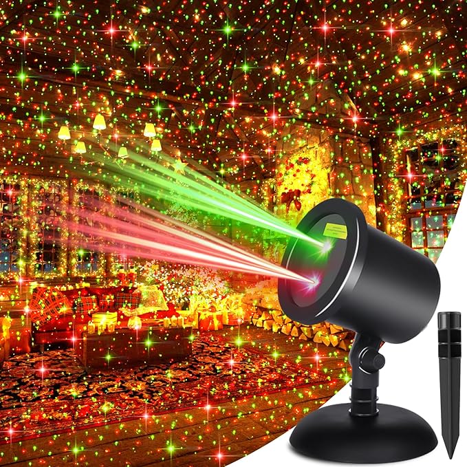 Christmas Laser Light Projector Outdoor, Red & Green Static Star Starry Laser Projector Lights, Christmas Decoration Light Laser Projector New Year Xmas Holiday Lighting Show for Front Yard House Wall