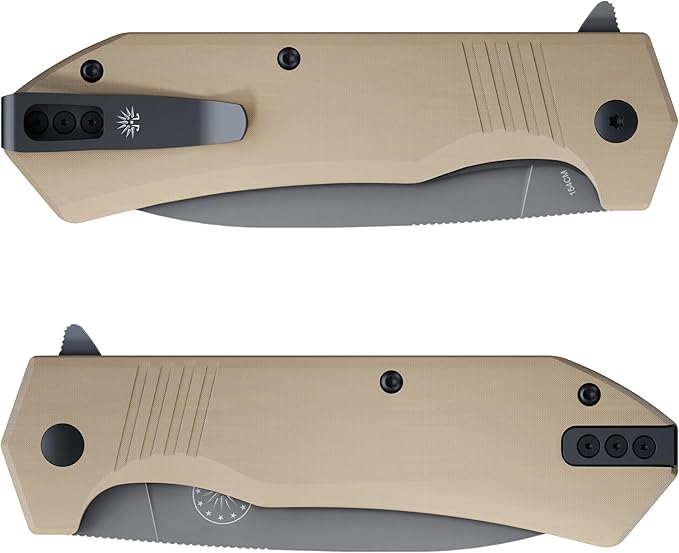 Off-Grid Knives - STINGER XL Folding Knife, 154CM Steel, Full Flat Grind, G10 Scales, Ceramic Bearings, Drop-Shut Action, Deep Pocket Clip, Left or Right Hand Carry, Camping & Tactical Use (Coyote)