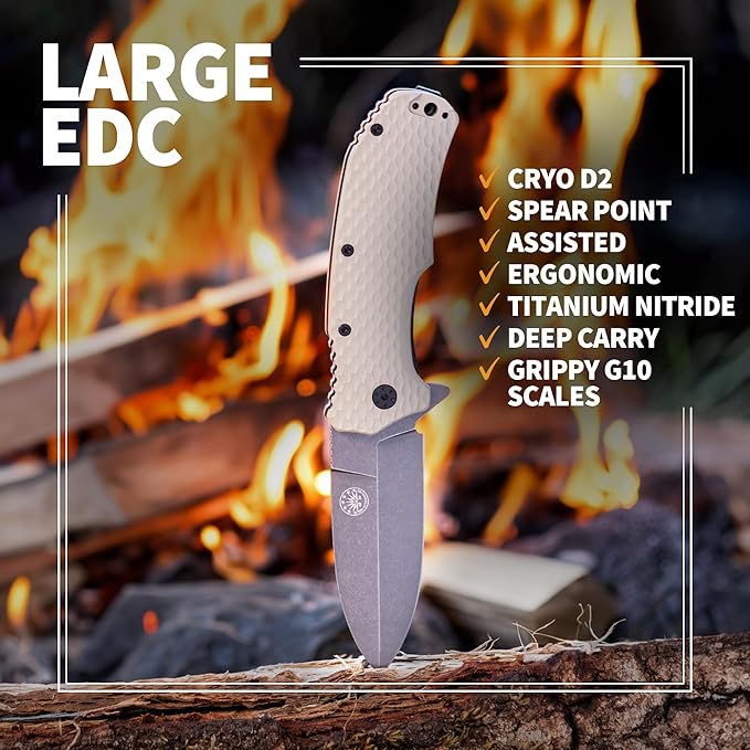 Off-Grid Knives - Rapid Fire Stinger, Assisted Spear Point Blade, Hard Use Build, Tactical, Camping & Survival EDC, Cryo D2 Steel, G10 Scales, Deep Pocket Carry (Coyote)