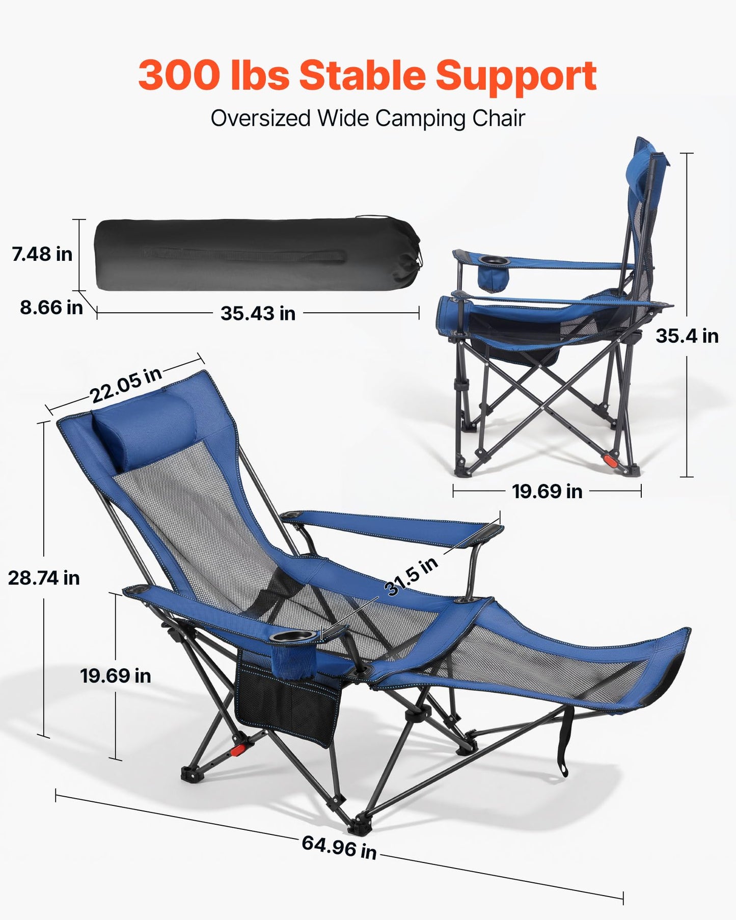 VEVOR 2-in-1 Reclining Camping Chair with Footrest for Adults, 4 Adjustable Positions, Portable