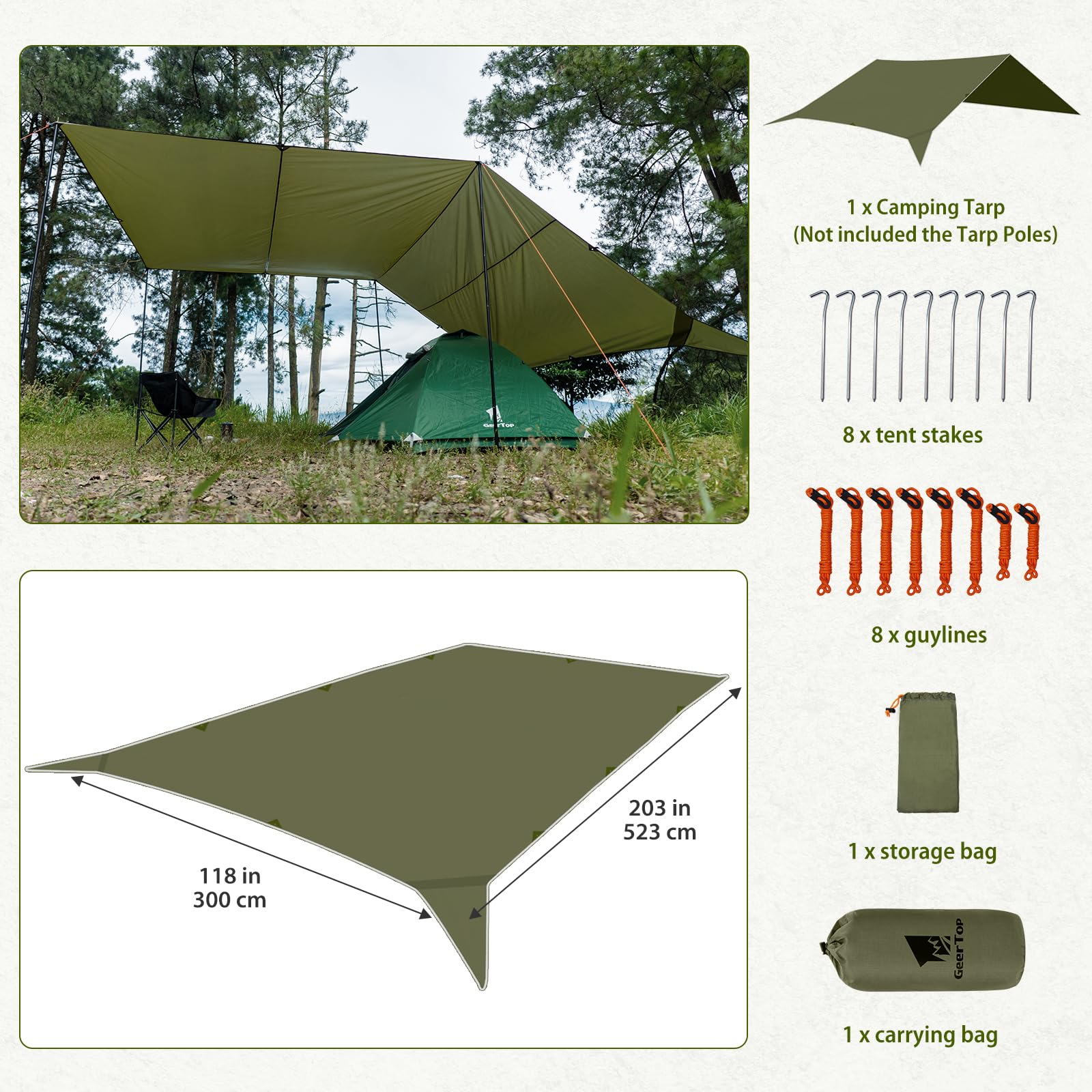 GEERTOP 17 × 10 ft Large Camping Tent Tarp Outdoor Waterproof Flame Retardant Hammock Rain Fly