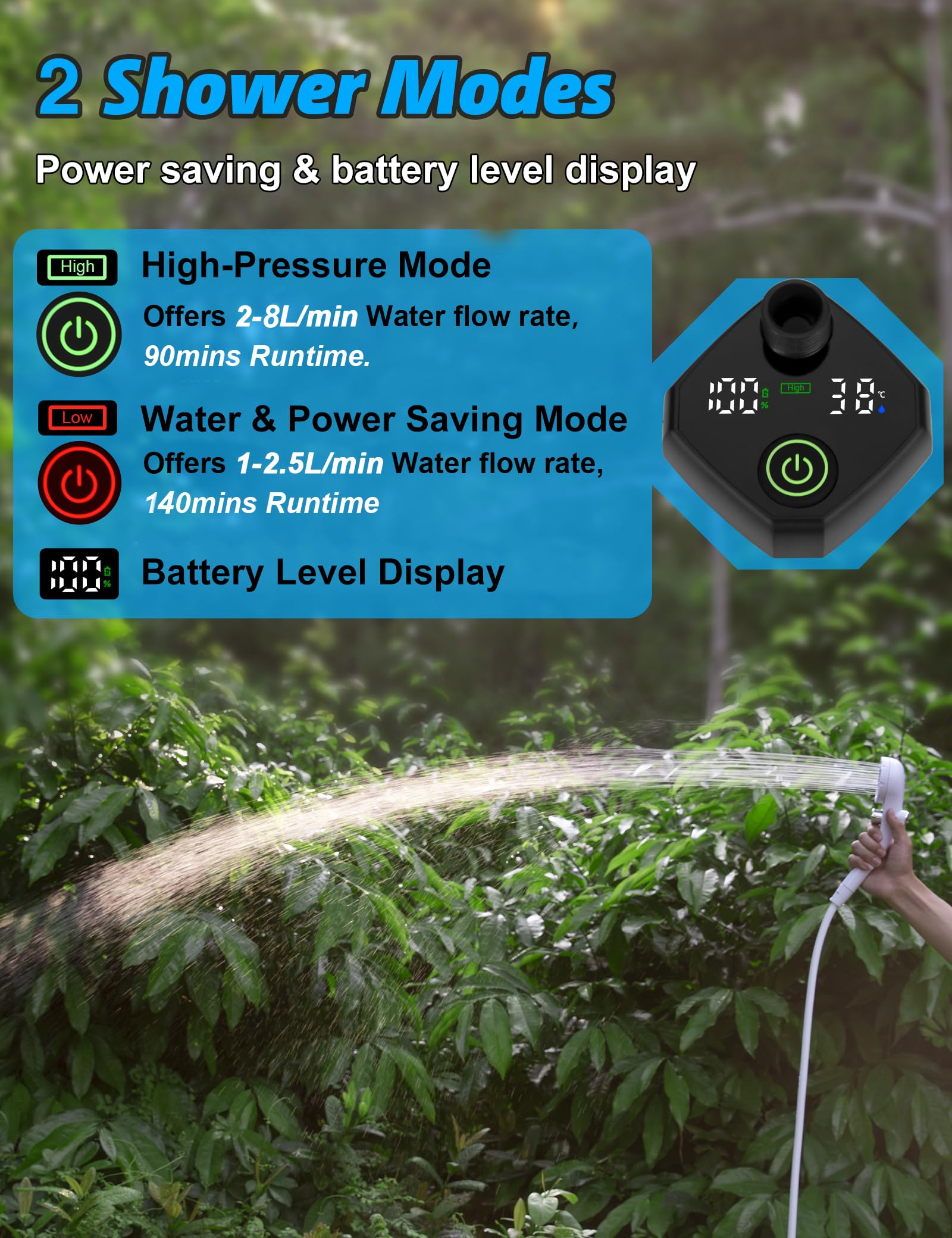 innhom Portable Camping Shower, 6000mAh Rechargeable Camp Shower Pump with LED Display, IPX7