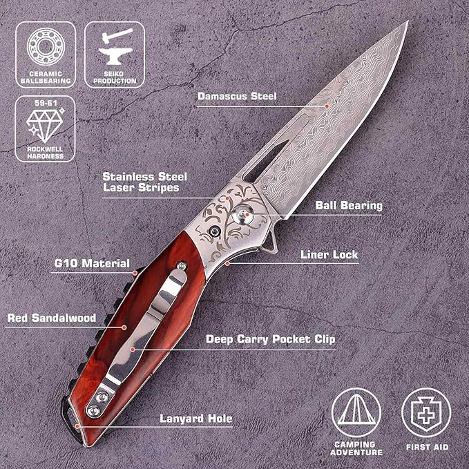 Damascus Pocket Knife For Men,EDC Red Sandalwood Handle Small Folding Knife For Hunting Camping Outdoor Hiking With Sheath