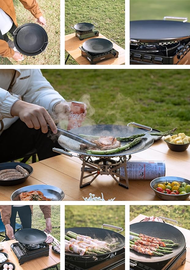 camping moon BBQ Grill Pan Dia 12.8-inch Round Griddle 3-Ply Composite Steel Nonstick Foldable Handle for Open Fire Gas Stove Outdoor & Indoor Use GRW-33F