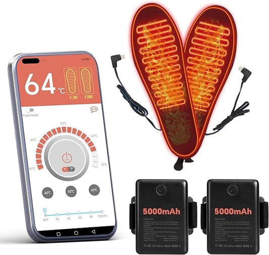 Heated Insoles, Heated Insoles for Women Men with APP Control, 5000mAh Battery Up to 14 Hours Powered Foot Warmers for Outdoor Hunting Fishing Camping Size Adjust (L)