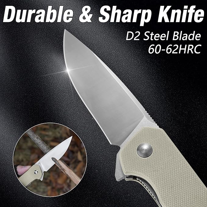 FLISSA Pocket Knife, Folding Tactical Knife with G10 Handle, D2 Blade, Liner Lock, Pocket Clip, EDC Knife for Hiking, Camping, Survival, Indoor and Outdoor Activities(Brown)