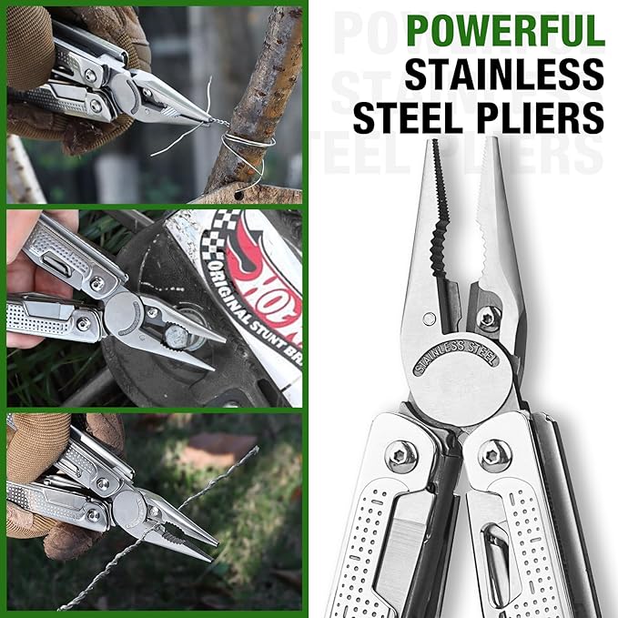 SHALL Multi Tool, 18-in-1 Multitool Pliers, Stainless Steel Multi-tool Pocket Knife w/Screwdriver Bit & Universal Socket, Self-locking Multipurpose Tool w/Sheath for Camping Fishing Survival Hunting