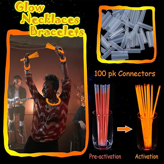 100 pk 8" Orange Glow Sticks Bulk Party Favors, Light up Glow Necklaces & Bracelets in the Dark Party Supplies For Christmas Halloween Birthday Neon Party (100 * Orange)