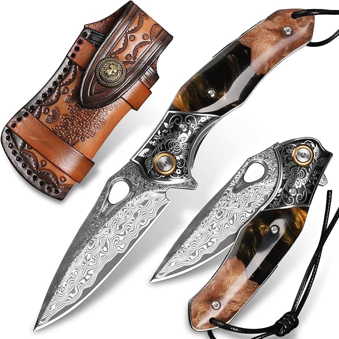 handmade Japan Damascus steel pocket knifeï¼?.1" VG10 blade men and women Folding knife，With holster，Lining lock，resin and Maple handle，Suitable for EDC outdoor camping，go fishing hunting