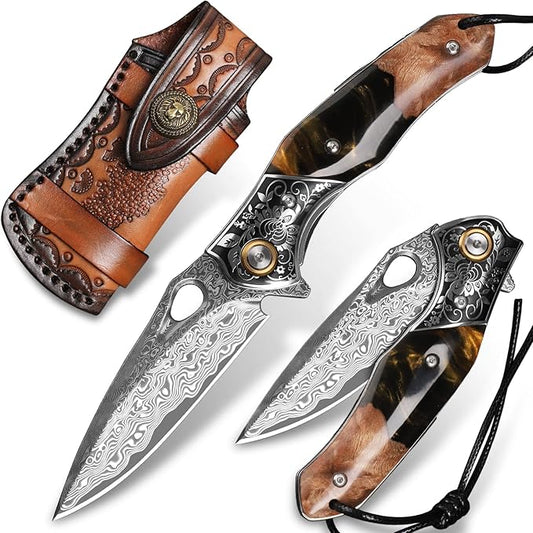 handmade Japan Damascus steel pocket knifeï¼?.1" VG10 blade men and women Folding knife，With holster，Lining lock，resin and Maple handle，Suitable for EDC outdoor camping，go fishing hunting