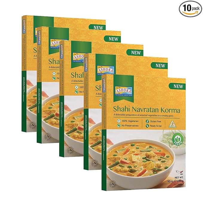 Ashoka Traditional Indian Meals 1932, Vegan Mixed Vegetable Curry, All-Natural Ready to Eat Microwavable Entrees, Shahi Navratan Korma, Kosher Certified, Gluten-Free with No Preservatives, Pack of 10