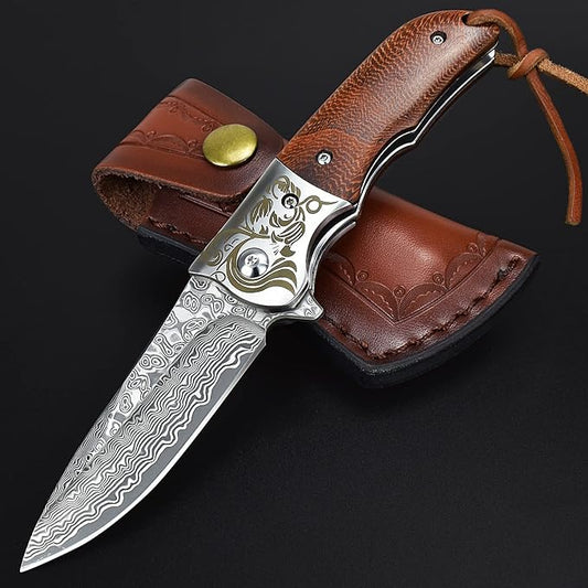 AUBEY Damascus Pocket Knife with Clip, Folding Knives with VG10 Damascus Steel Blade, Wooden Handle, Foldable EDC Knifes for Outdoor Survival Collection Gift