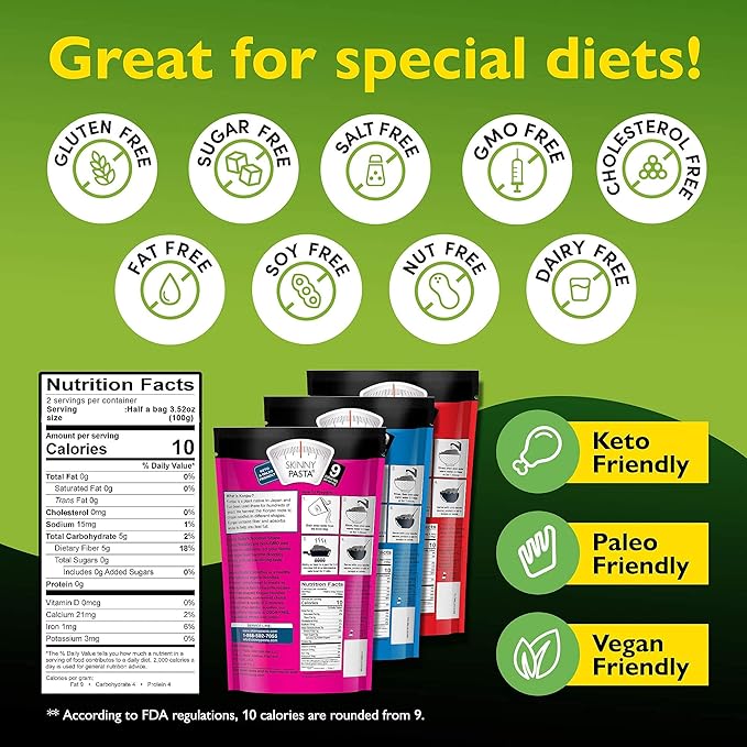 SKINNY PASTA Variety Pack - Healthy Konjac Shirataki Noodles, Low Carb Keto Pasta, Gluten Free, 6 Pack