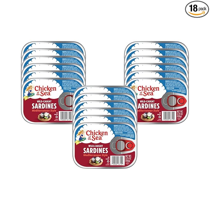 Chicken of the Sea Sardines, 3.75 oz. Cans (Pack of 18), Mediterranean Style, Wild Caught Sardines, Packaging May Vary