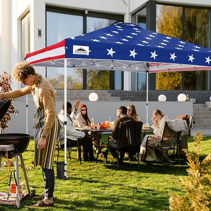 EAGLE PEAK Pop Up Canopy Tent with Wheeled Carry Bag, 8 Stakes, 4 Ropes, 4 Weight Bags, Easy Set Up Tent Canopy, 12x12 ft, 144sqft of Shade, American Flag