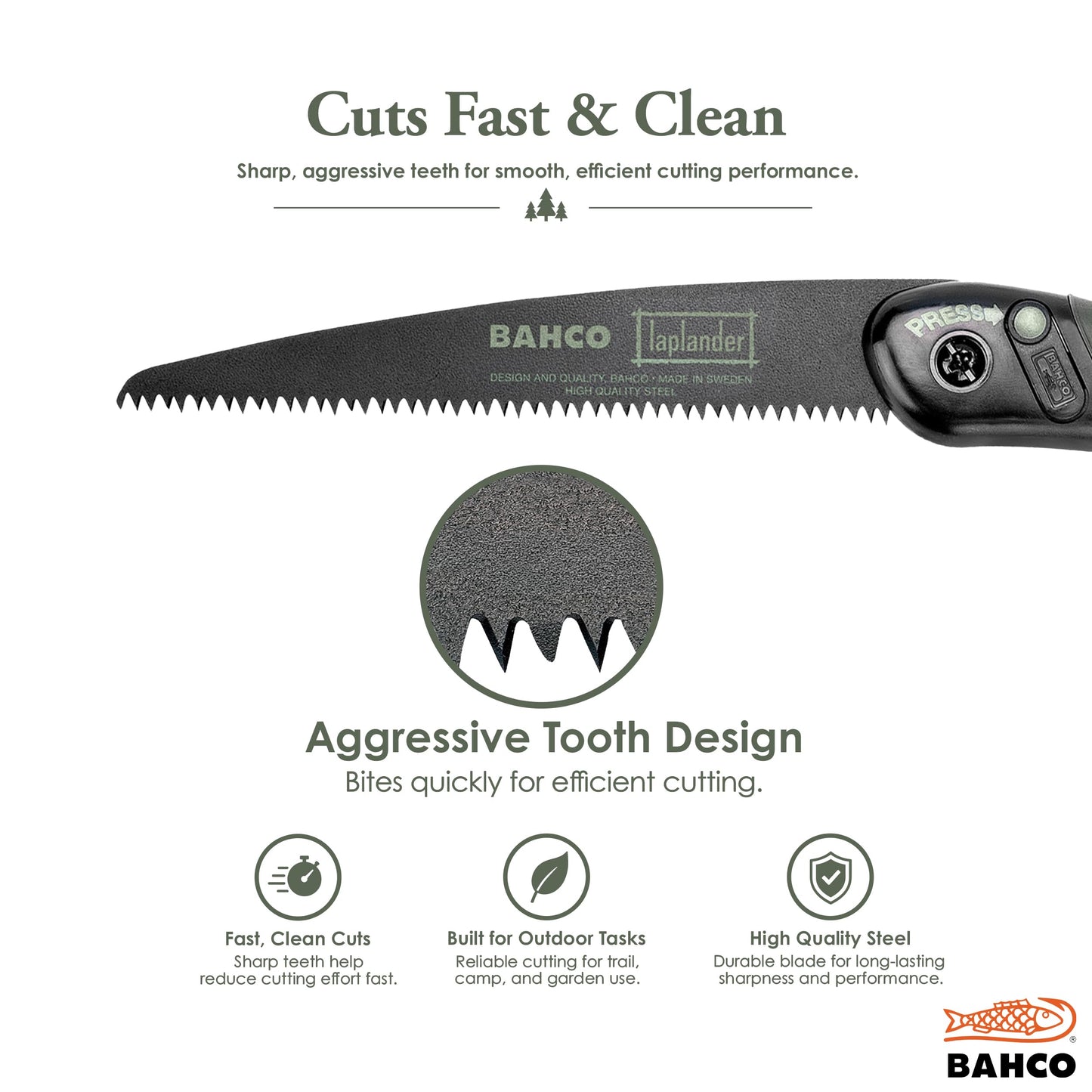Bahco BAH396LAP Laplander Folding Saw, 7-1/2" Blade, Ergo Grip, Green
