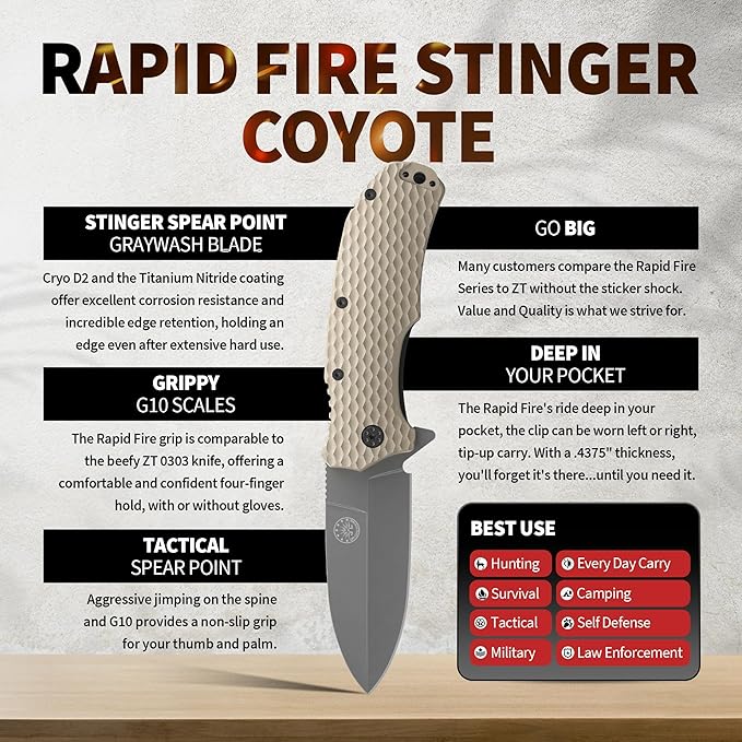 Off-Grid Knives - Rapid Fire Stinger, Assisted Spear Point Blade, Hard Use Build, Tactical, Camping & Survival EDC, Cryo D2 Steel, G10 Scales, Deep Pocket Carry (Coyote)