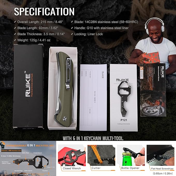 Heavy Outdoor Tactical Folding Pocket Knife for men,14C28N Stainless Steel Blade,G10 Handle,Liner Lock,EDC Hunting Bushcrafting Camping Knives Belt Clip Carry,Microtech Elemental Fishing Hiking,Father Dad Gifts Ruike p121