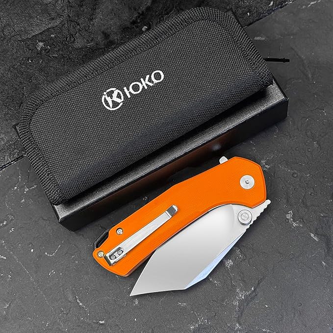 ioko Folding Pocket Knife, 3.5-Inch D2 Steel Blade, G10 Handle, EDC Camping Survival Knife with Clip (Orange)