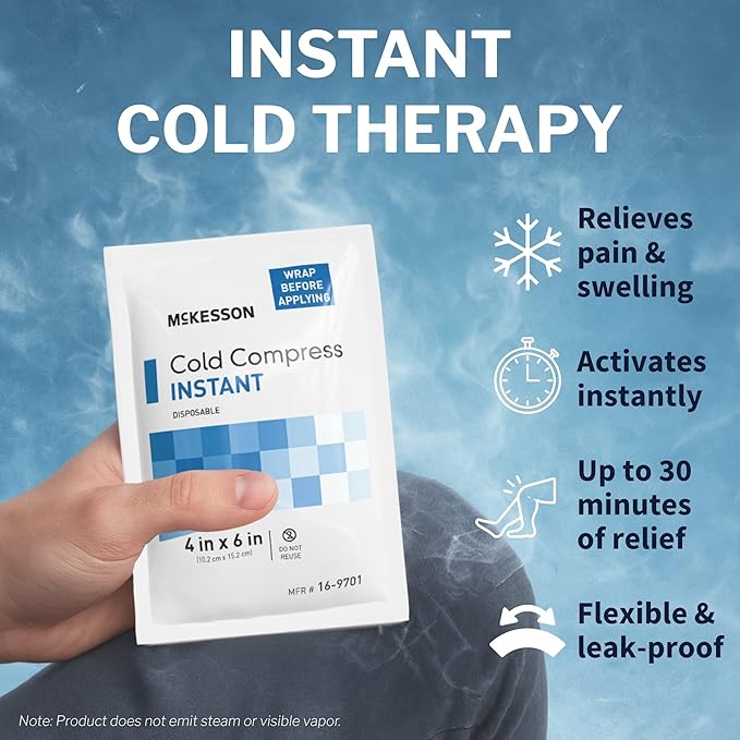 McKesson Instant Cold Packs 4" x 6" [24 Pack] - Instant Ice Packs for Injuries Disposable, Pain Relief, Swelling, Sprains - Travel Cold Compress for Sports, First Aid, Toothache