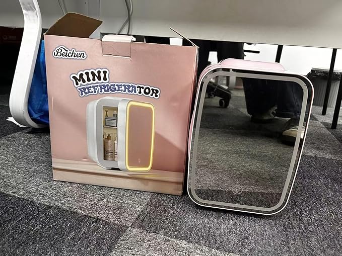 Skincare Fridge with Dimmable LED Light Mirror,4 Liter/6 Can Mini Fridge Skincare for Bedroom,Office, Car, Dorm,Cooler and Warmer, Portable Mini Fridge for Skin Care, Cosmetics, Food,Pink