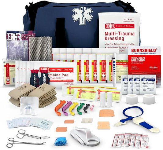First Responder Trauma First Aid Kit Bag ??Fully Stocked Emergency Medical Kit for Workplace, Vehicle & Home ??OSHA & ANSI Compliant ??Portable ??Blue