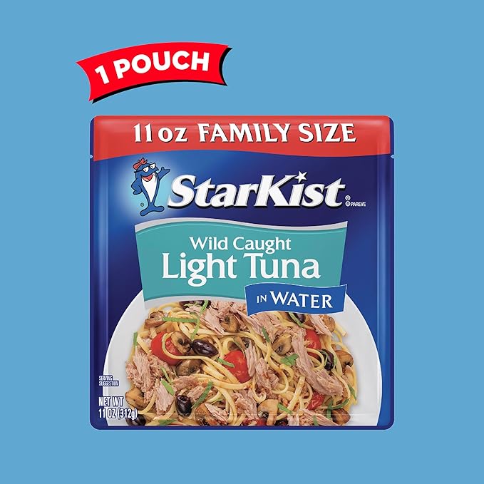 StarKist Chunk Light Tuna in Water, 11 oz Pouch (1 Pack) Ready to Eat Wild Caught Tuna, 19g Protein Per Serving, 80 Calories Per Serving, Gluten Free, Soy Free, Kosher, Perfect for Meals and Snacks