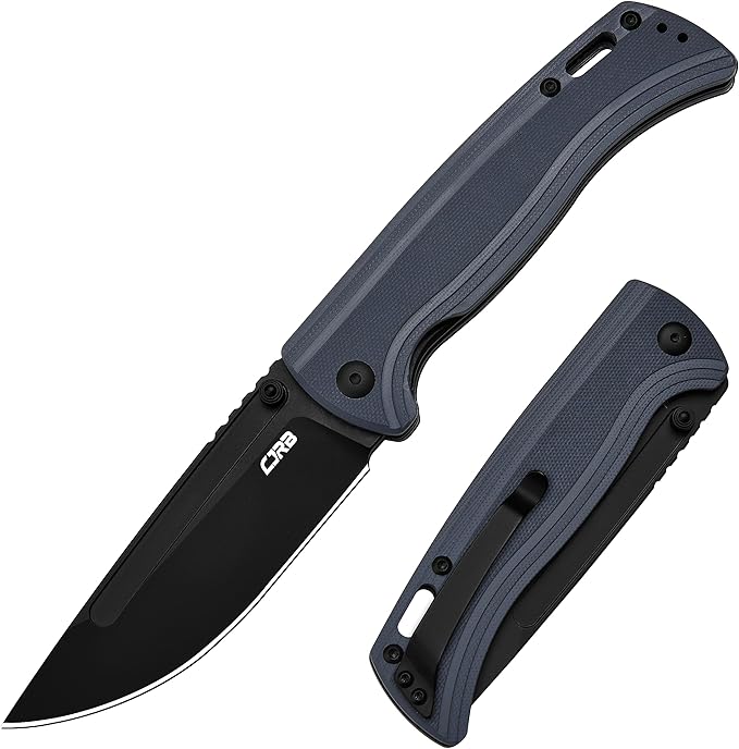 CJRB CUTLERY Pocket Knife Resource (J1932) Thumb Studs Folding Knife for Men Black PVD AR-RPM9 Steel Blade and Grey Blue G10 Handle for Hinking Camping Work Outdoor