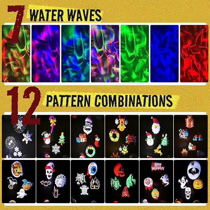 NACATIN Halloween Christmas Projector Lights，2-in-1 3D Ocean Wave & 12 HD Patterns, No Card Needed Design with Remote & Timer, Waterproof Holiday Projector Lights Outdoor for Xmas Halloween Party