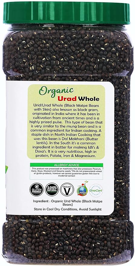 Rani Organic Urid/Urad Whole Black (Matpe Beans With Skin) Indian Lentils 64oz (4lbs) 1.81kg Bulk PET Jar ~ All Natural | Vegan | Gluten Friendly | NON-GMO | Indian Origin | USDA Certified Organic