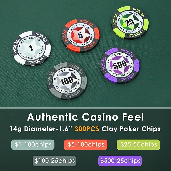 ORIENGEAR Poker Chip Set with Denominations, 14 Gram Clay Composite Casino Chips with ABS Case & 2 Decks of Playing Plastic Cards, for Texas Holdem Blackjack Gambling Games (300PCS Portable)