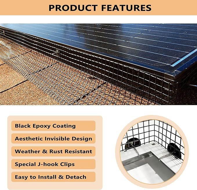 PROLEE 6 Inch X 100FT Solar Panel Bird Guard, Anti-Rust Critter Guard with 100 Fastener Clips Rooftop Solar Panel Bird Wire Screen, Removable Without Damage(6 Inch x 100 Feet)