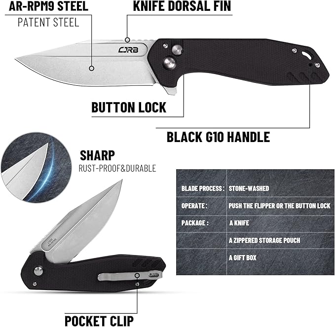CJRB CUTLERY Folding Knife Riff (J1928) Button Lock Pocket Knife for Men AR-RPM9 Steel Blade and Black G10 Handle for Work Outdoor Hinking Camping