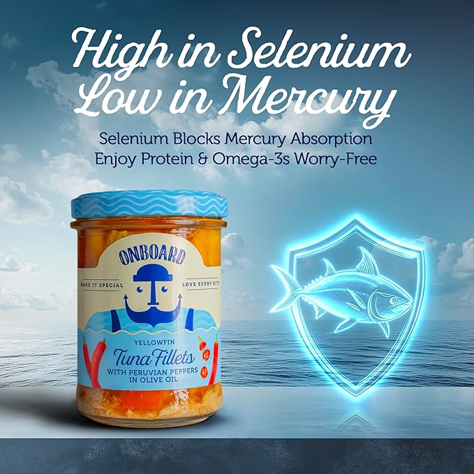 ONBOARD Yellowfin Tuna Fillets, Mediterranean Seafood Diet | Pescatarian Jarred Atun, Fresh Sea Tuna Salad | High in Protein - Healthy Ready-to-Eat Snacks, Packed in Glass Jar | (6 Packs, Peruvian Peppers)