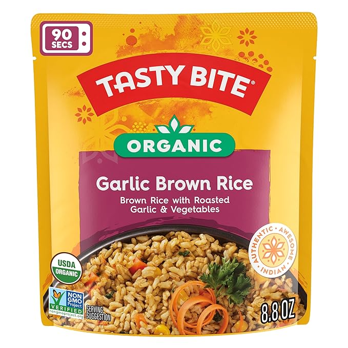 Tasty Bite Organic Brown Rice Garlic, 8.8 Ounce, Pack of 6, Ready to Eat, Microwavable, Gluten-Free Garlicky Rice